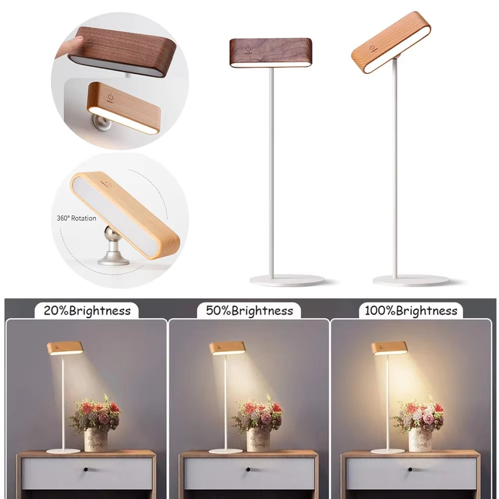 Wood Reading Lamp LED Dimmable Wood Desk Lamp LED Touch Bedroom Night Light Magnetic 360° Rotation Wall Light Handheld Portable