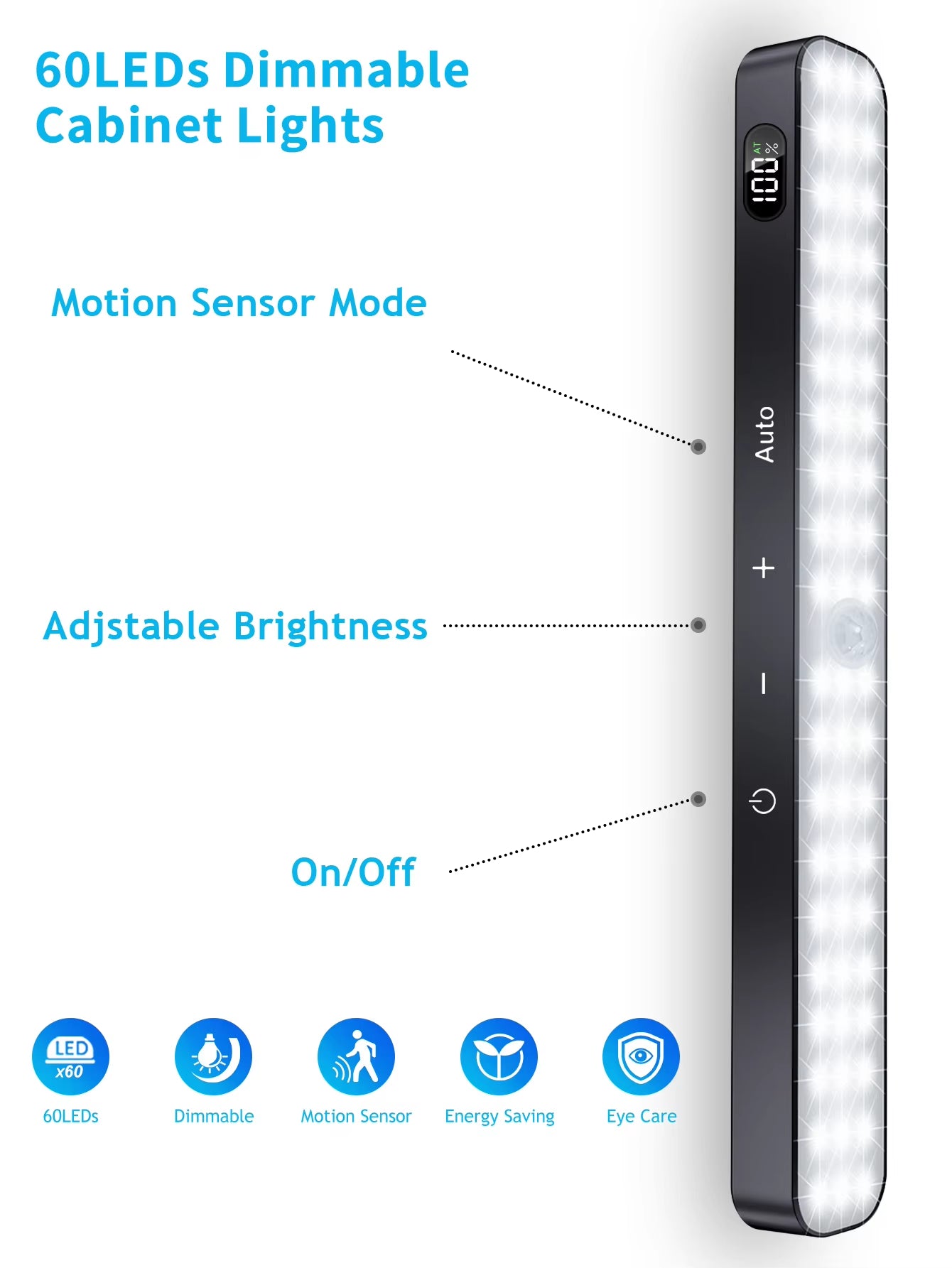 Cabinet Lights Rechargeable Battery Display 60 LED Motion Sensor Cabinet Light Dimmable Touch Control Night Lights