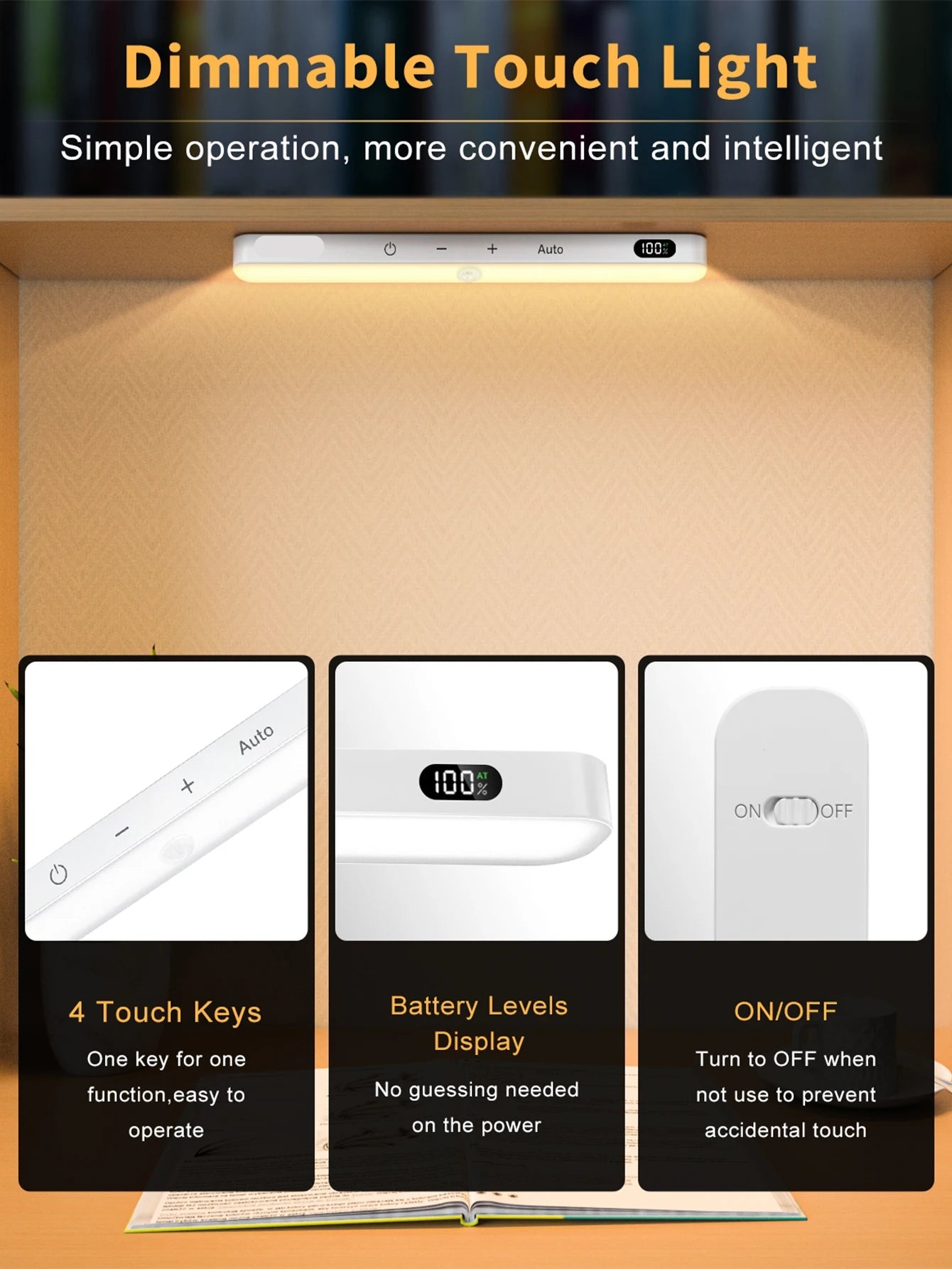 Warm Light Motion Sensor Cabinet Light Battery Display 60 LED Touch Light Bar Wireless Rechargeable Battery Night Light