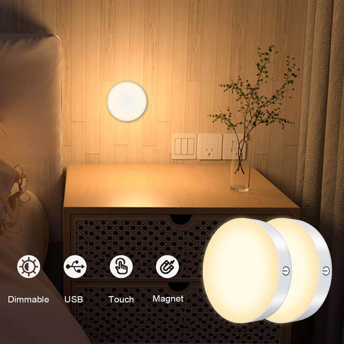 Touch Night Light Dimmable Buit-In 1000Mah Battery USB Rechargeable for Study Bedroom Cabinet Wardrobe Wireless LED Closet Light